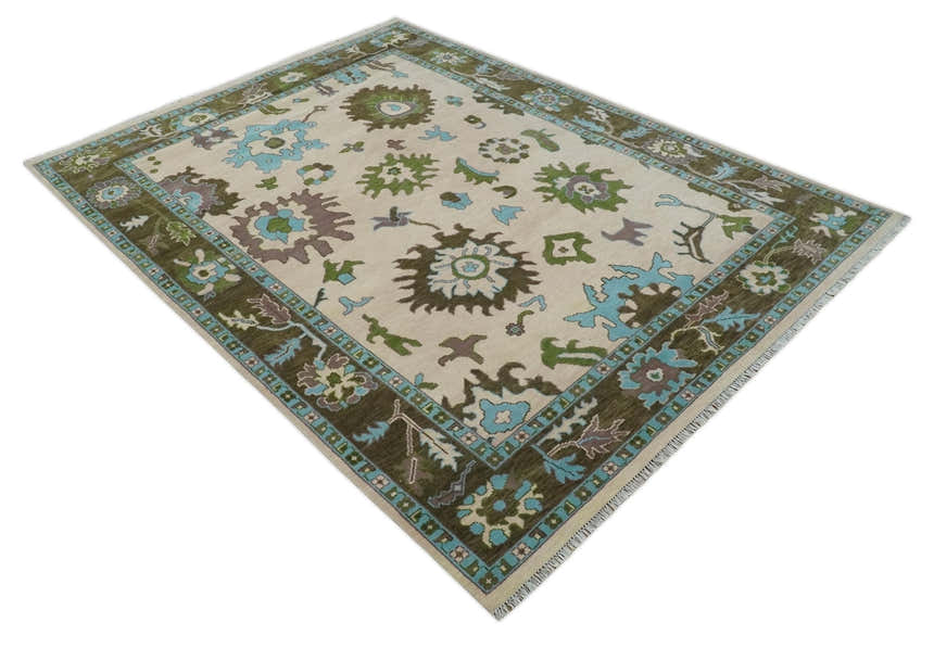 Light Peach, Green and Aqua Hand knotted Traditional Oushak Multi size wool Area Rug