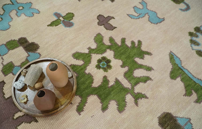 Light Peach, Green and Aqua Hand knotted Traditional Oushak Multi size wool Area Rug