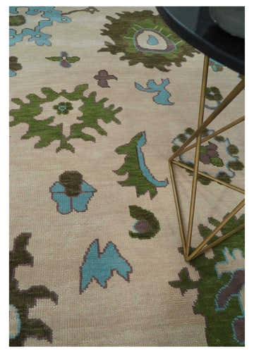 Light Peach, Green and Aqua Hand knotted Traditional Oushak Multi size wool Area Rug