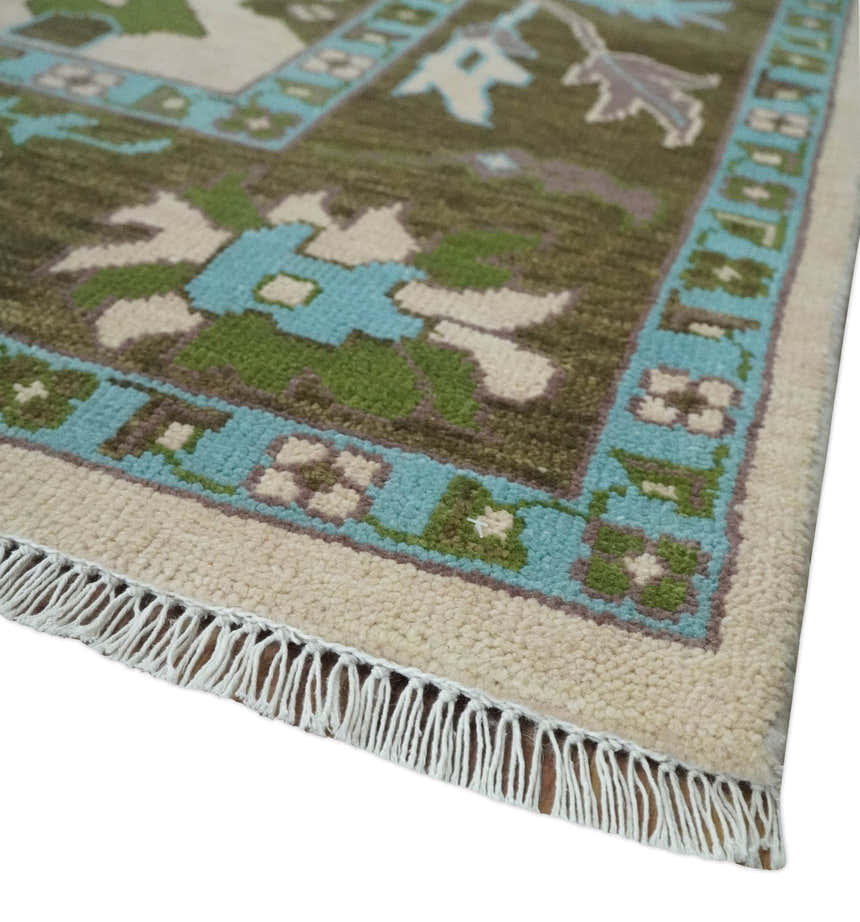 Light Peach, Green and Aqua Hand knotted Traditional Oushak Multi size wool Area Rug