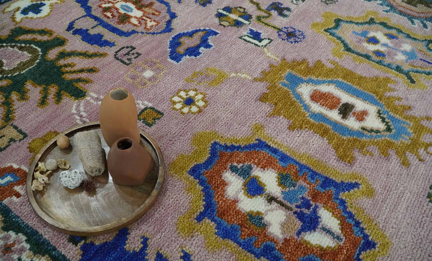 Light Purple, Ivory and Blue Hand knotted Traditional Oushak Multi Size wool Area Rug