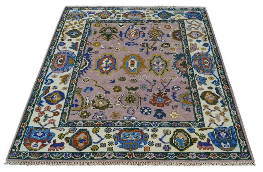 Light Purple, Ivory and Blue Hand knotted Traditional Oushak Multi Size wool Area Rug