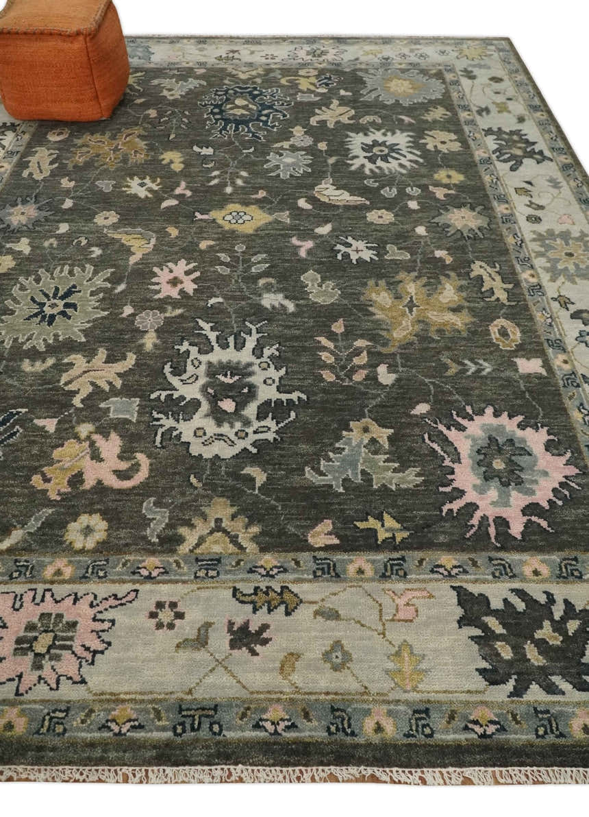 Custom Made Hand Knotted Dark Gray and Beige Traditional Wool Rug