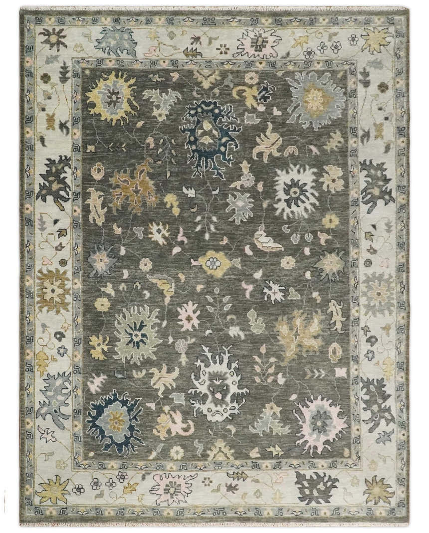 Custom Made Hand Knotted Dark Gray and Beige Traditional Wool Rug