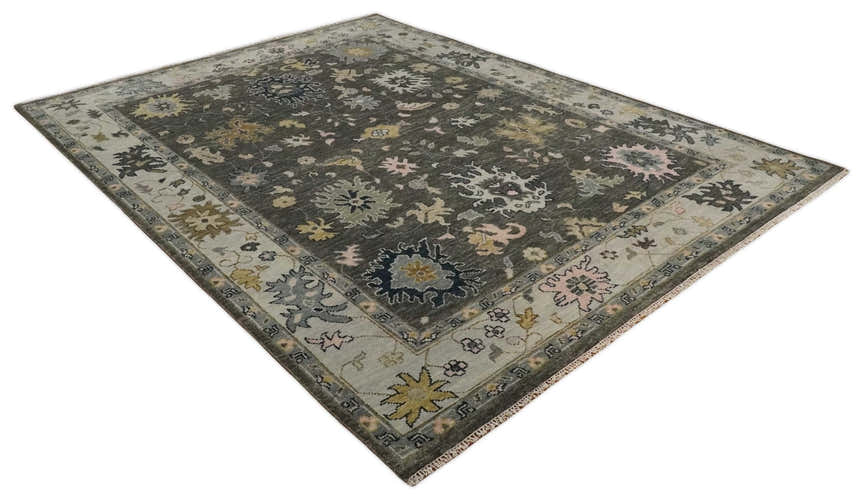 Custom Made Hand Knotted Dark Gray and Beige Traditional Wool Rug