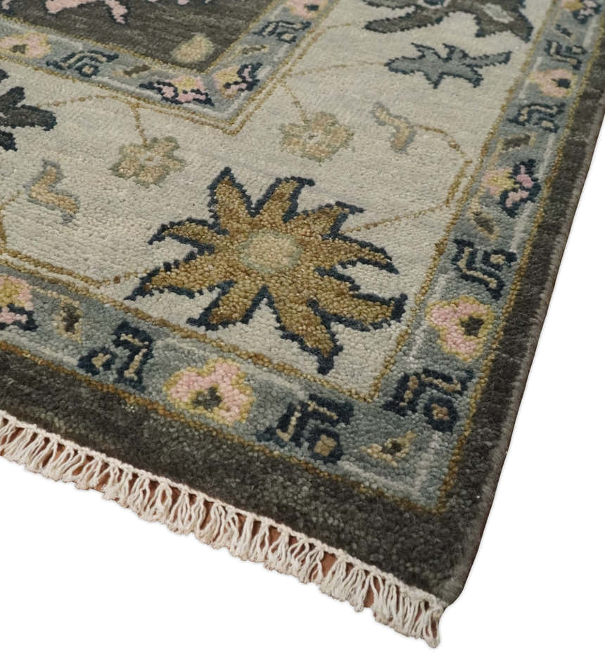 Custom Made Hand Knotted Dark Gray and Beige Traditional Wool Rug