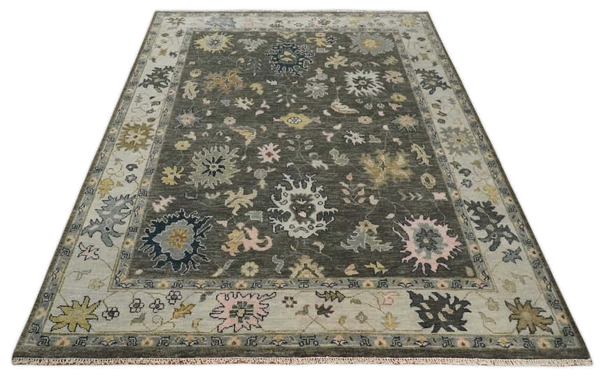 Custom Made Hand Knotted Dark Gray and Beige Traditional Wool Rug