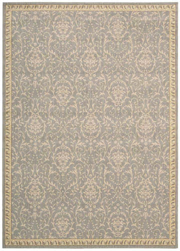 Close-up of the Nourison Riviera Blue Vintage Area Rug, featuring a floral damask pattern and light blue color.
