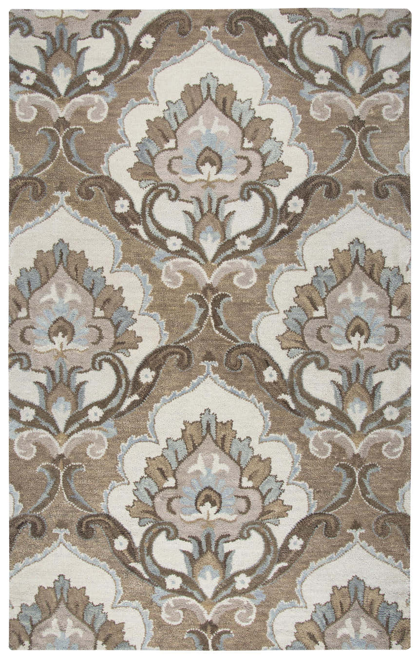 Close-up of Rizzy LO9987 area rug. Hand-tufted wool rug in dark brown, ivory, gray, and light brown with a farmhouse floral pattern. Design-Rectangle