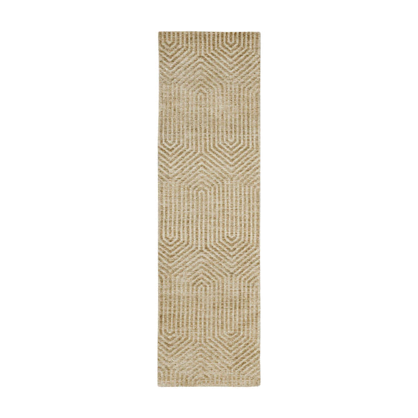 Close-up of Karastan Lost City Khaki runner rug. Tan rug features a geometric pattern and a textured, machine-made weave. Design-Runner