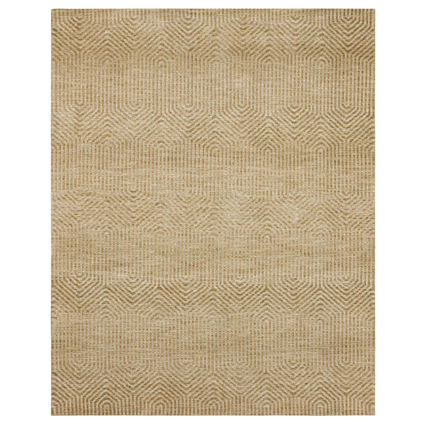 Close-up of the Karastan Lost City Khaki Area Rug, featuring a geometric pattern and tan color. Farmhouse style. Design-Rectangle