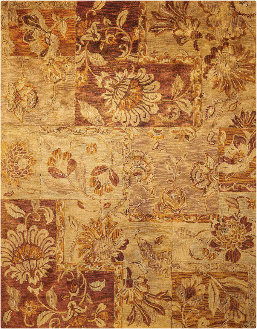 Close-up of the Nourison Jaipur Multicolor Persian rug. Features a floral pattern in brown, gold, and tan hues. Handmade wool rug.