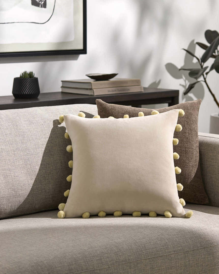 Alven Ivory Pom Trim Modern Cotton Accent Pillow