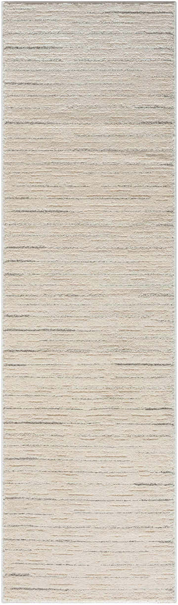 Close-up of the high pile Nourison Andes Ivory Grey rug. Scandinavian style with chestnut, ivory, and grey horizontal stripes.