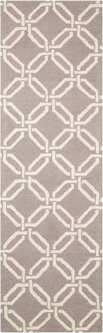 Close-up of Nourison Linear Silver Gray runner rug. Wool rug with geometric chain-link pattern. Mid-century modern style.
