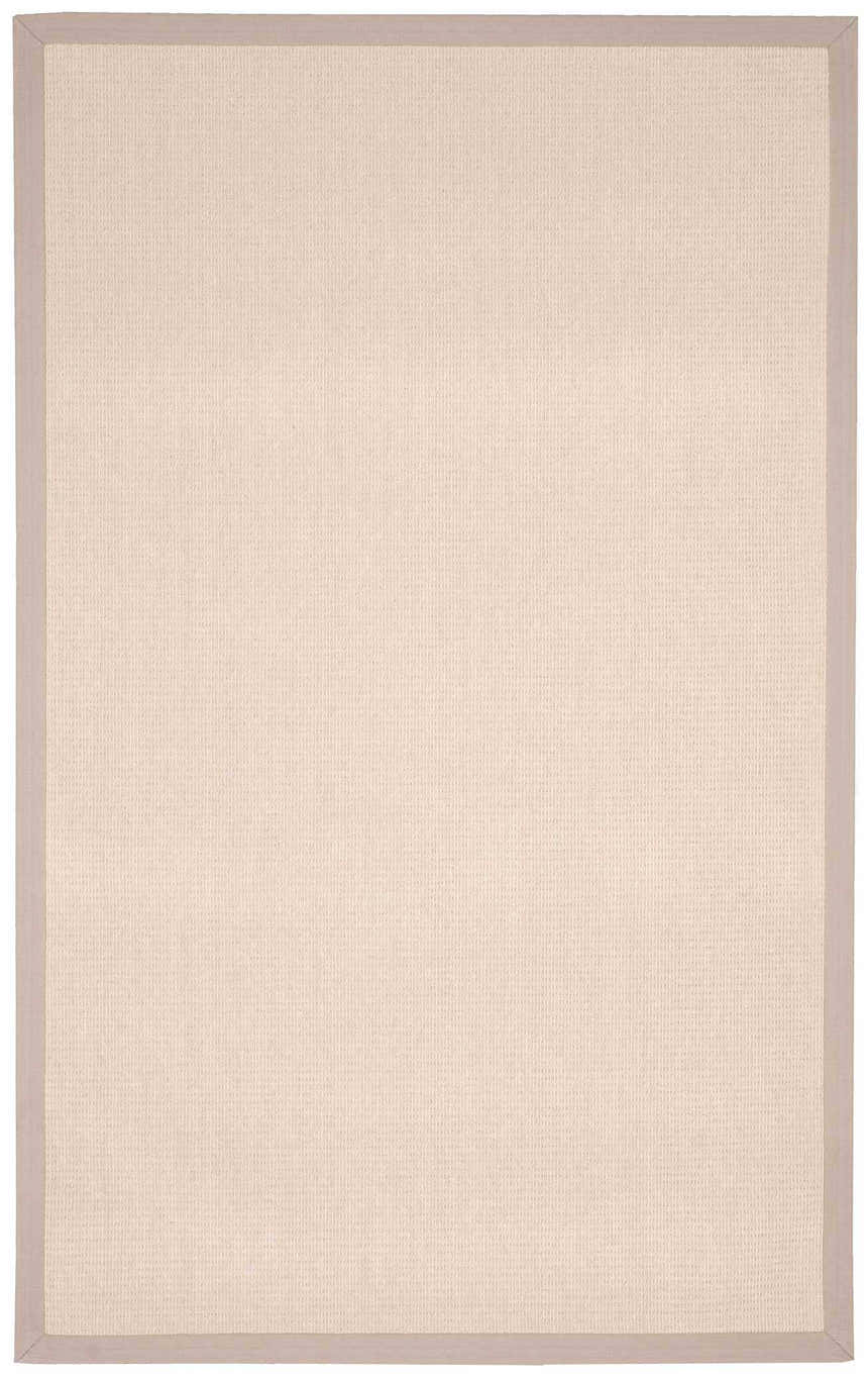 Close-up of Nourison Sisal Soft Eggshell Farmhouse Rug. Beige woven texture with a contrasting light brown border.