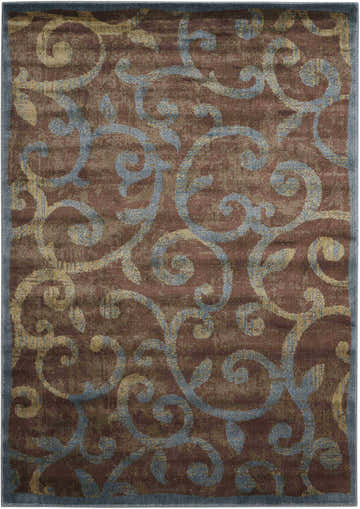 Close-up of Nourison Expressions Multicolor rug; brown background with blue and gold floral scroll pattern, blue border.