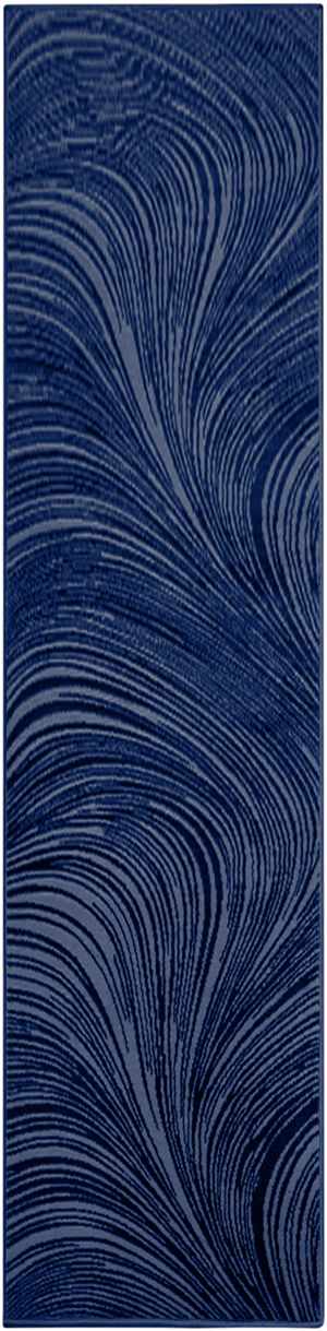 Close-up of the DKNY Central Park West Navy rug featuring a modern, swirling linear pattern in navy and light blue.