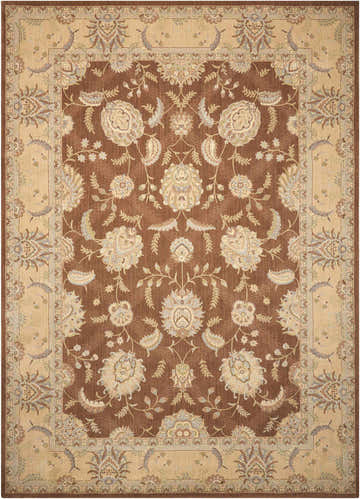 Close-up of the chocolate Nourison Persian Empire area rug, featuring a floral Persian design and tan border.
