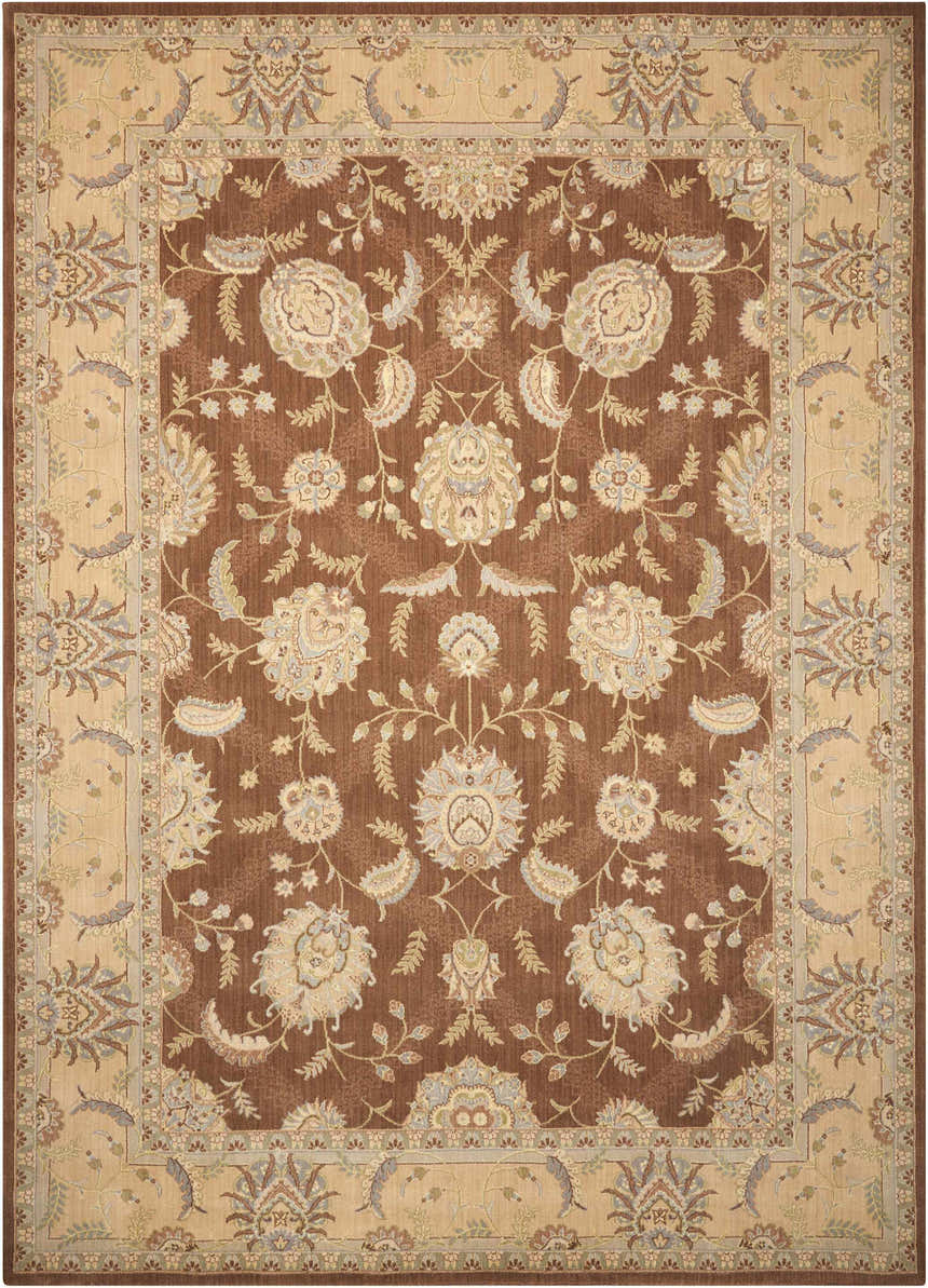 Close-up of the chocolate Nourison Persian Empire area rug, featuring a floral Persian design and tan border.