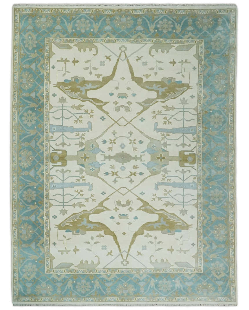 Made to Order Hand Knotted Oriental Oushak Ivory, Aqua and Beige Wool Area Rug