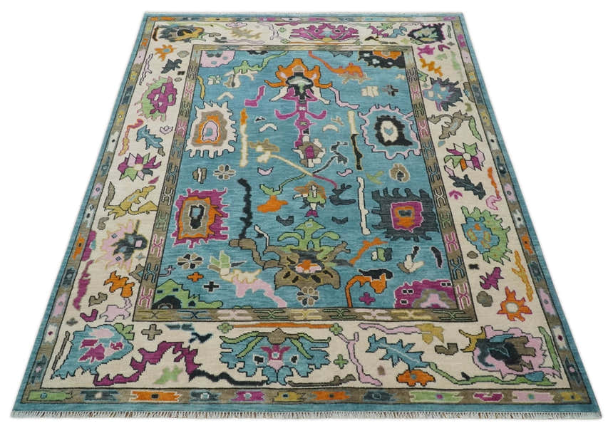 Made to Order Traditional Blue and Ivory Vibrant colorful Hand knotted Oushak wool area rug
