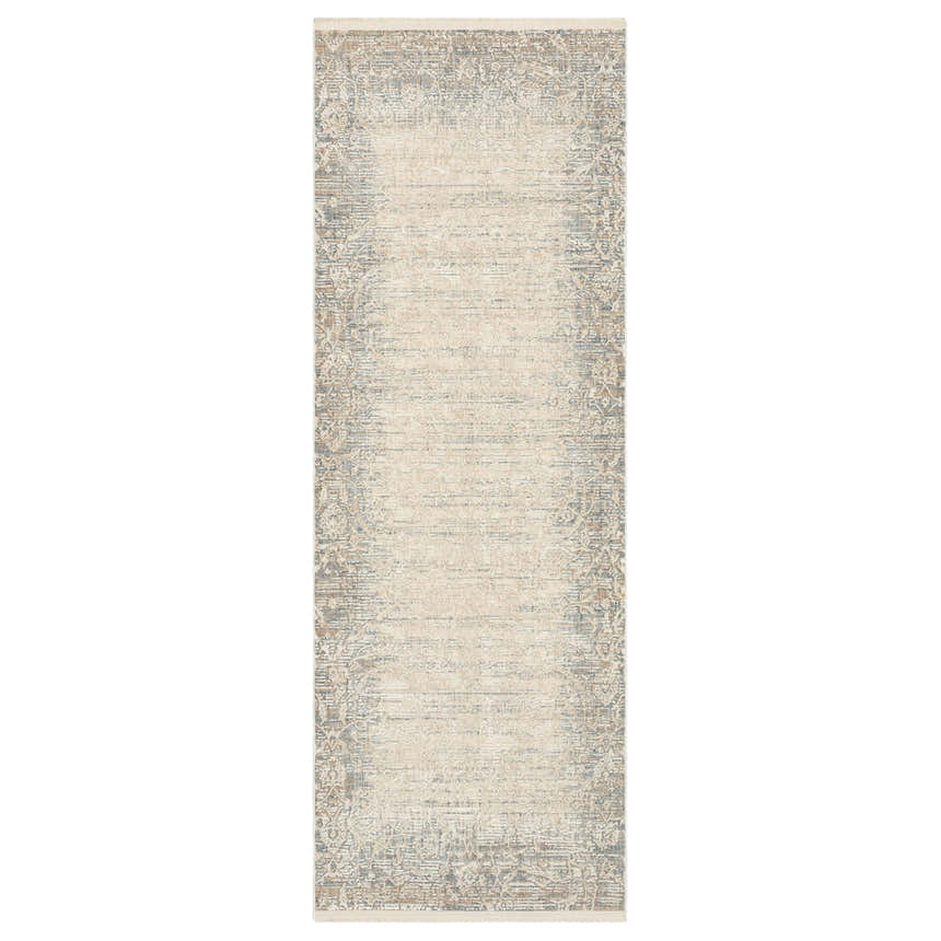 Close-up of the Karastan Mandawa Cream Dark Grey Area Rug, a farmhouse style runner with beige, gray, and tan tones. Design-Runner
