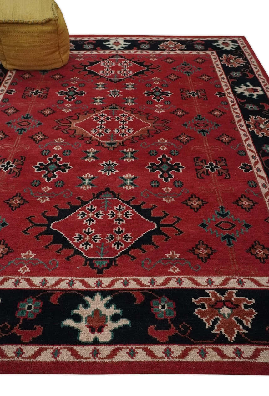 Maroon and Black Traditional Oriental Hand Knotted Custom Made wool Area Rug