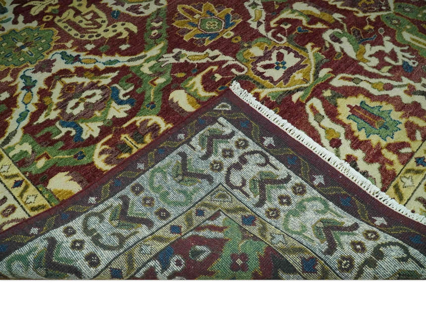 Maroon and Green Hand Knotted Traditional Large Design Multi Size wool area rug