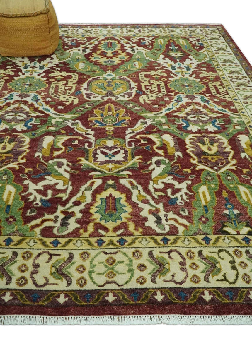 Maroon and Green Hand Knotted Traditional Large Design Multi Size wool area rug