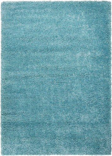 Close-up of the aqua Nourison Amore shag rug, a plush, machine-made rectangle with a soft, inviting texture.