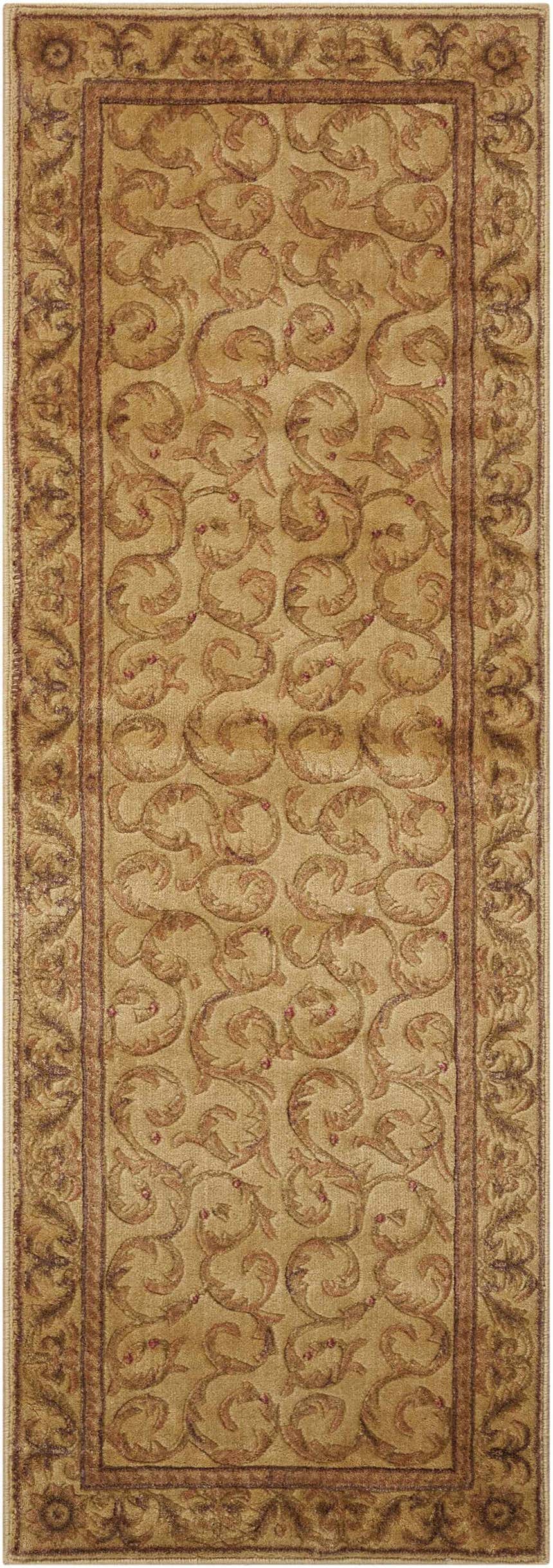 Close-up of the Nourison Somerset Ivory Traditional Area Rug, featuring a chestnut floral scroll pattern and border.