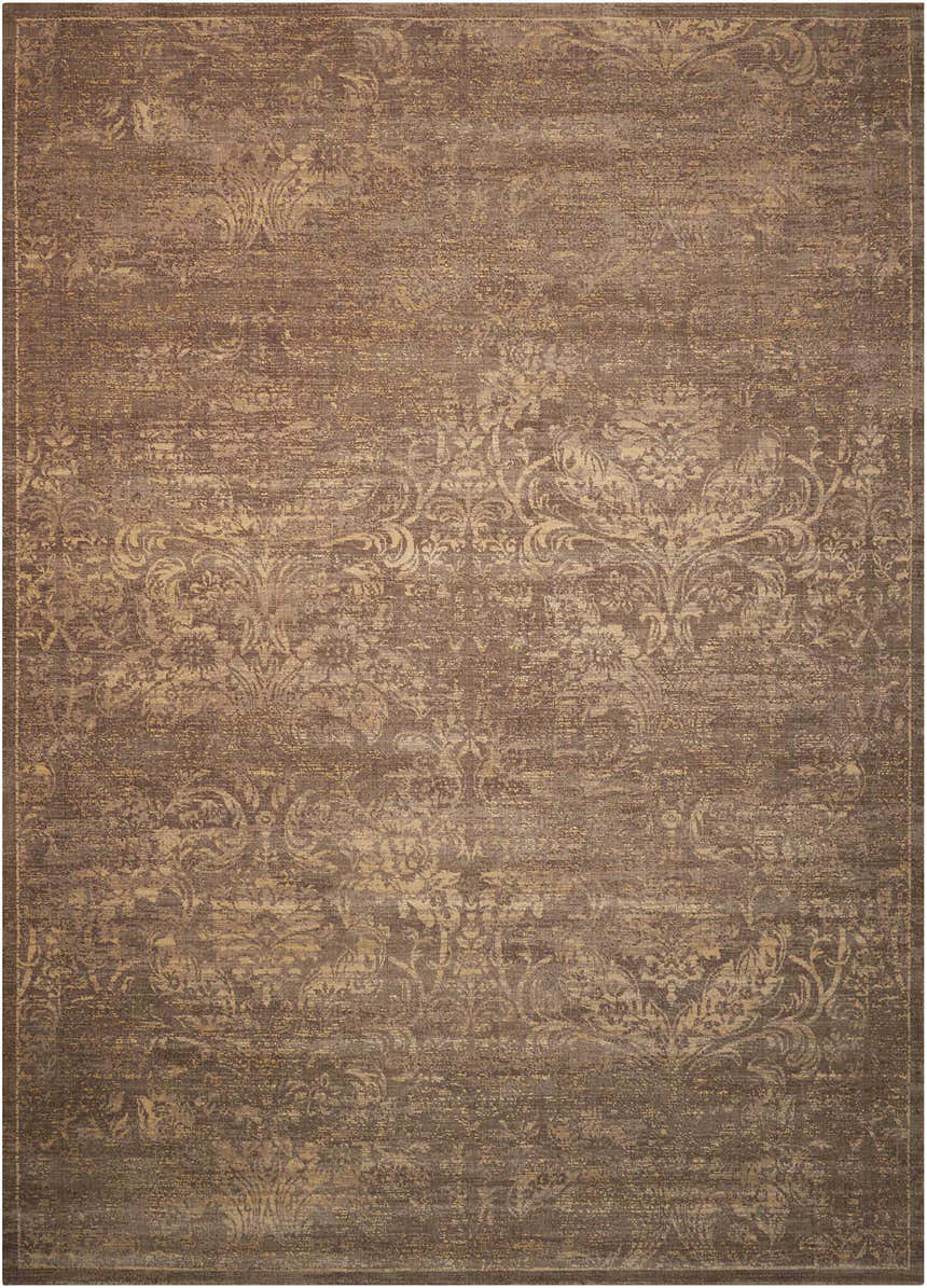 Close-up of Nourison Silken Allure Mushroom Persian rug. Handmade wool rug with distressed floral design in brown and beige tones.