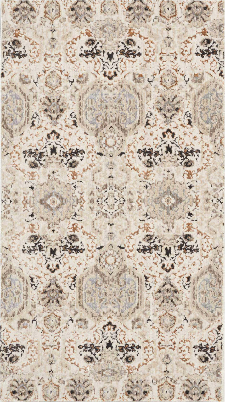 Close-up of Nourison Silver Screen Grey Slate Persian rug. Features a detailed, traditional pattern in gray, slate, and beige tones.