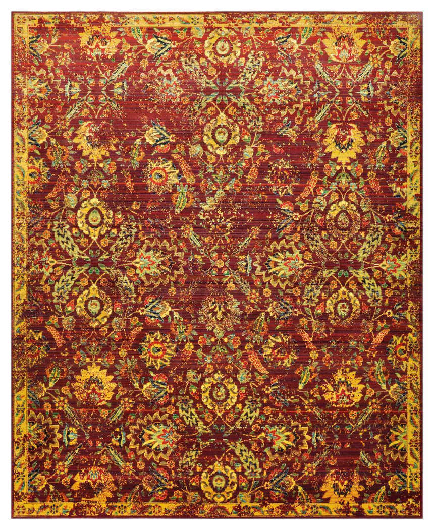 Close-up of Nourison Timeless Pomegranate Persian rug. Features a detailed floral pattern in pomegranate red, gold, and green.