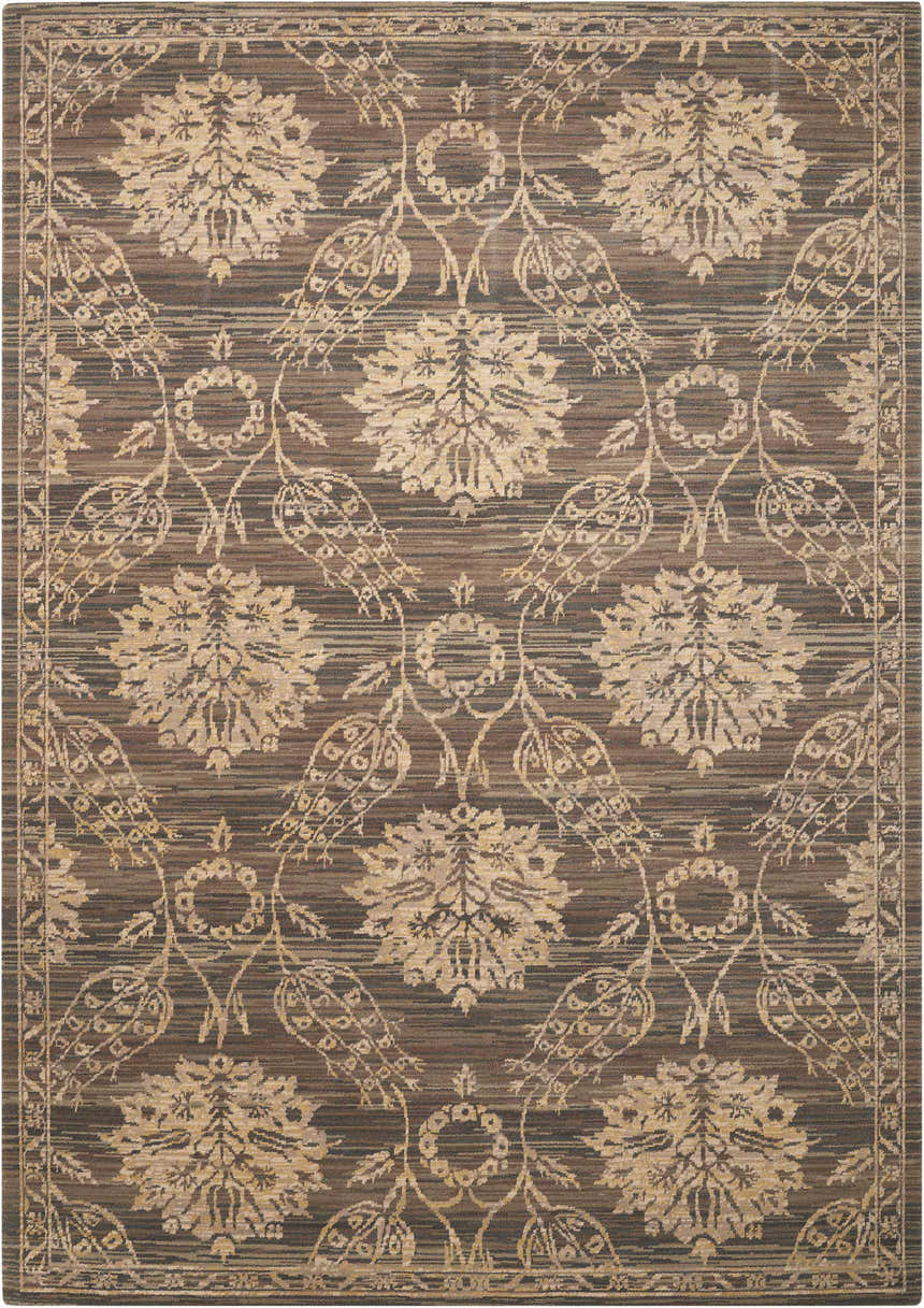 Close-up of the Nourison Silk Elements Graphite Persian Rug. Features a floral pattern in graphite and cream hues.