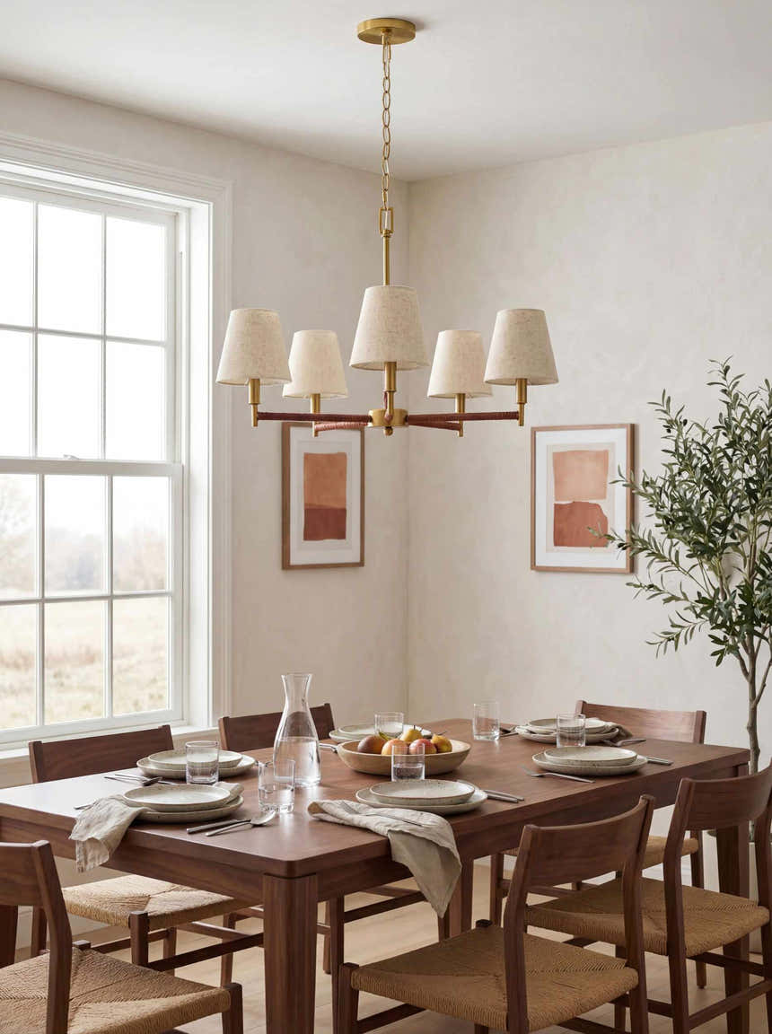 Soft Gold Modern Chandelier with linen details for dining or living rooms