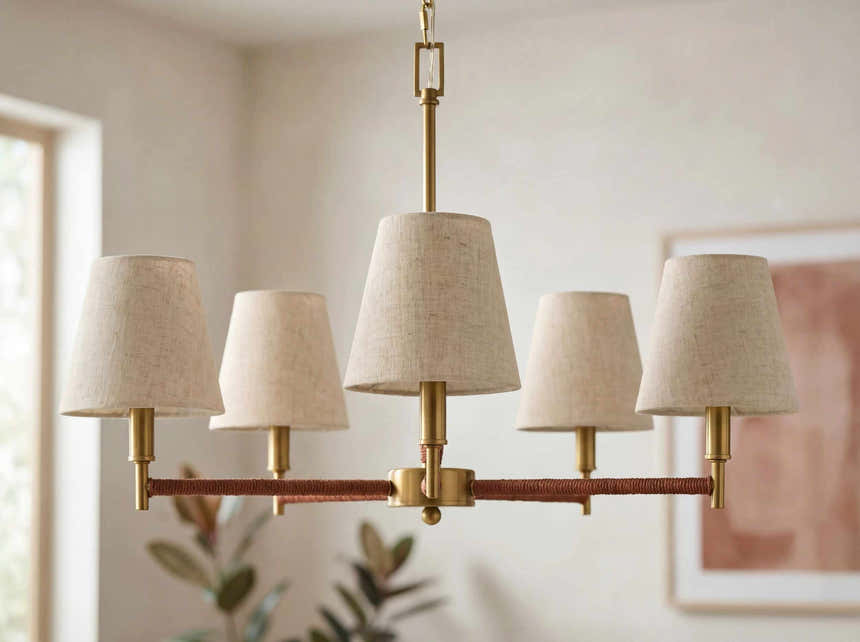 Soft Gold Modern Chandelier with linen details for dining or living rooms
