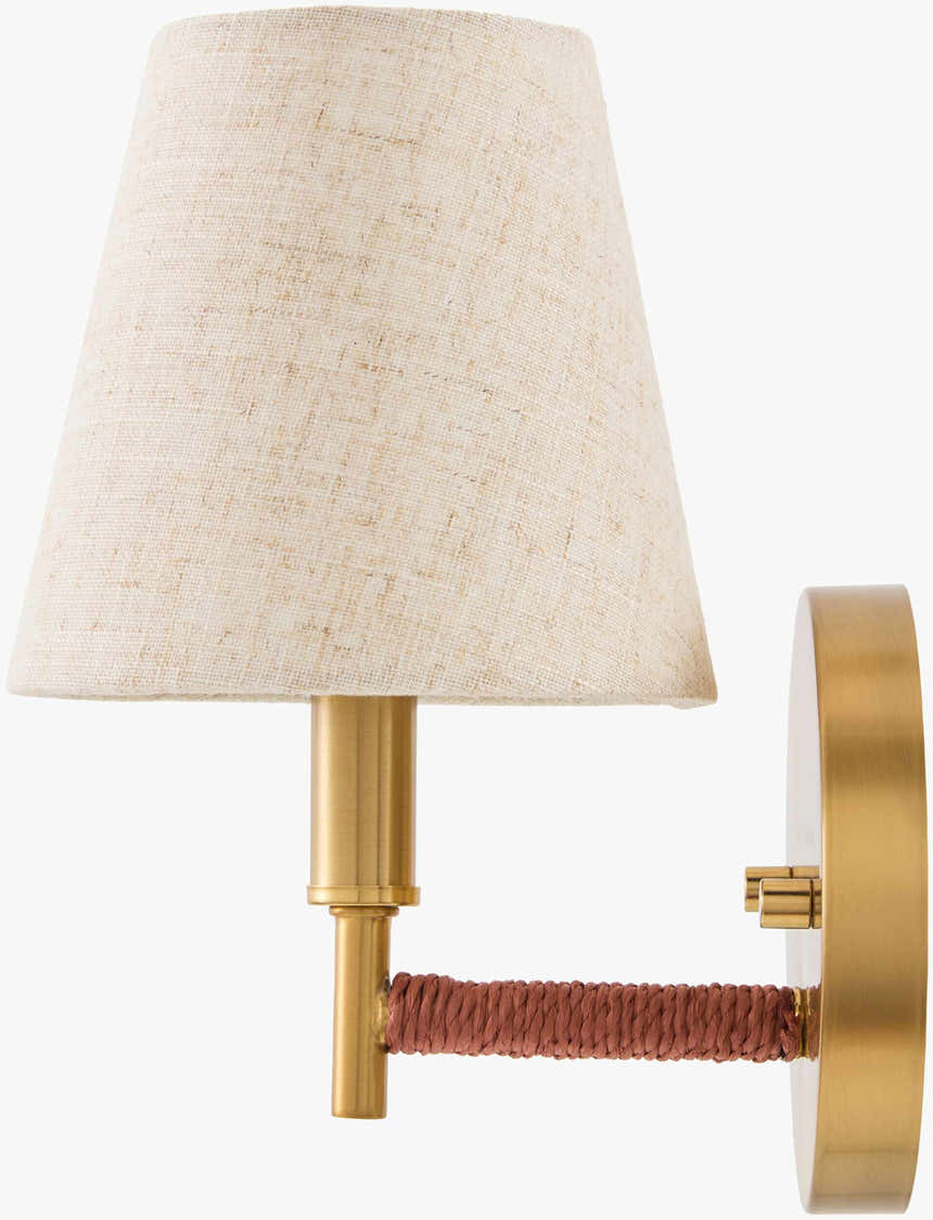 Tan Modern Wall Sconce with linen details for hallway or bedroom lighting