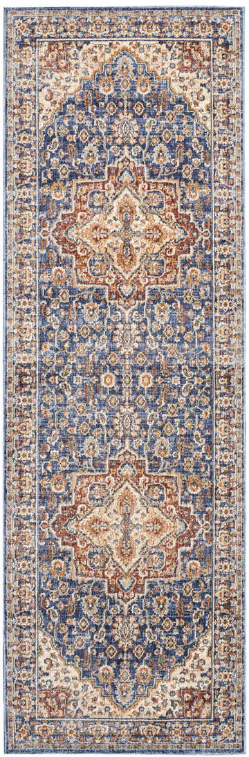 Detailed Nourison Lagos Blue Persian runner rug with light blue, tan, and rust-colored floral patterns.
