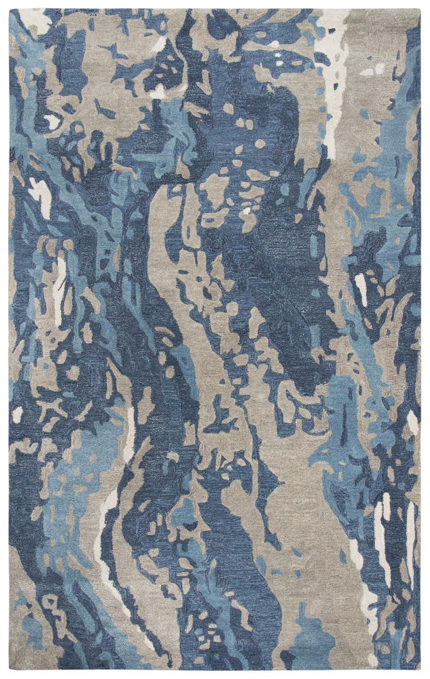 Close-up of the Rizzy MO867A area rug. Hand-tufted wool rug in beige, gray, navy, and taupe with a contemporary abstract pattern. Design-Rectangle