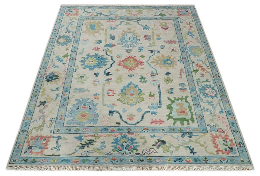 Vibrant Colorful Ivory and Aqua Hand Knotted Traditional Oushak Multi Size Wool Area Rug, Living Room Rug