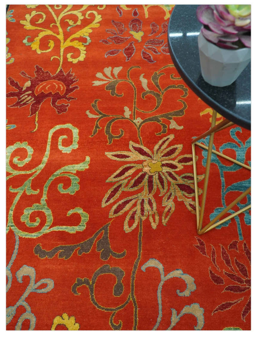 Modern Floral Orange 8x10 Hand Knotted wool Area Rug