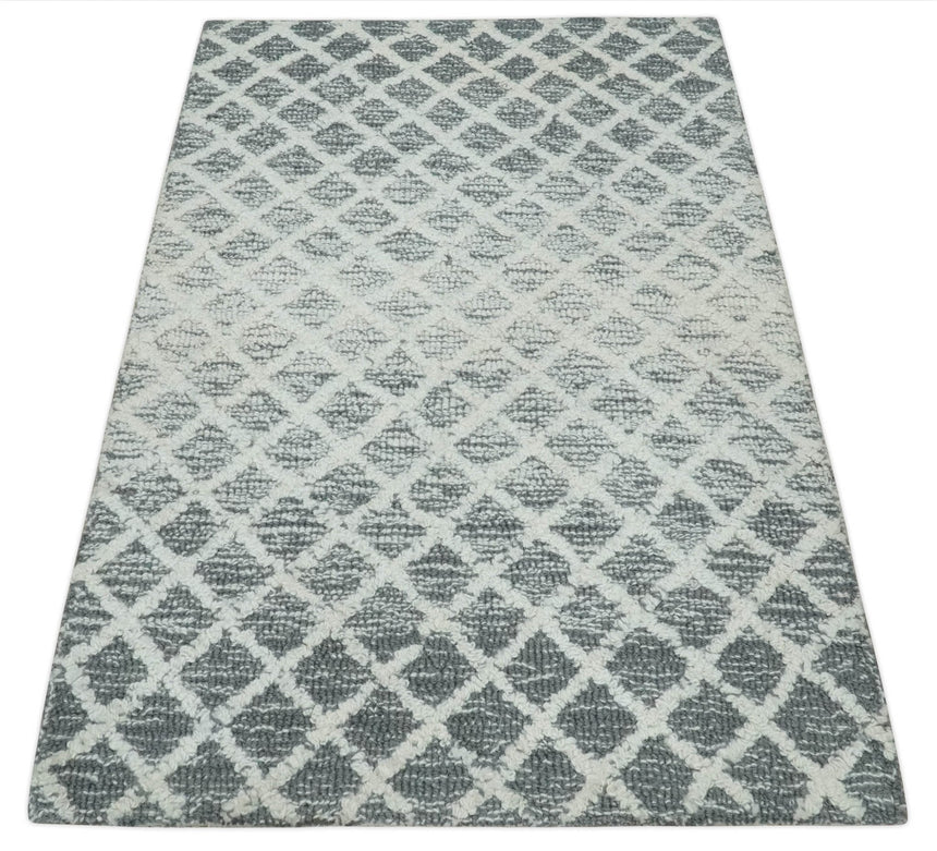 Modern Geometric Ivory and Charcoal Abstract Hand Tufted Natural Wool Multi Size Area Rug