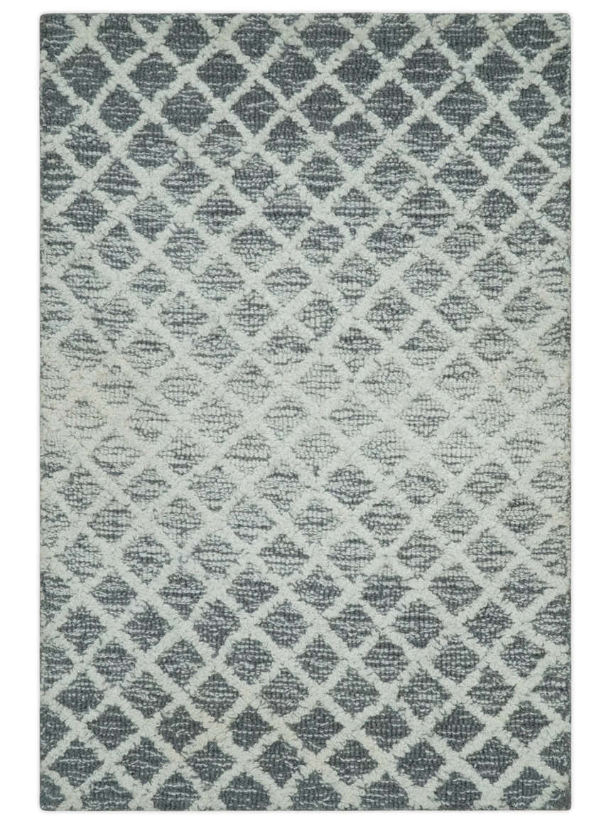 Modern Geometric Ivory and Charcoal Abstract Hand Tufted Natural Wool Multi Size Area Rug