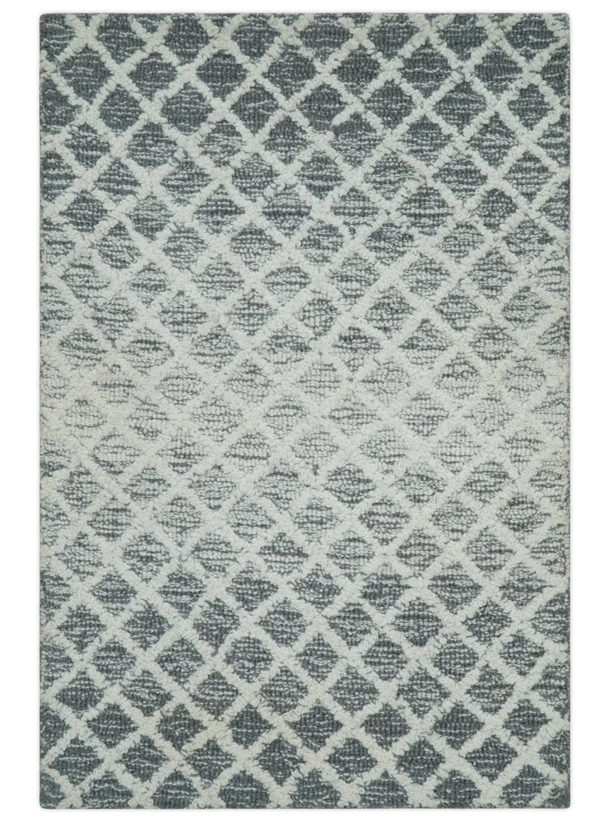 Modern Geometric Ivory and Charcoal Abstract Hand Tufted Natural Wool Multi Size Area Rug