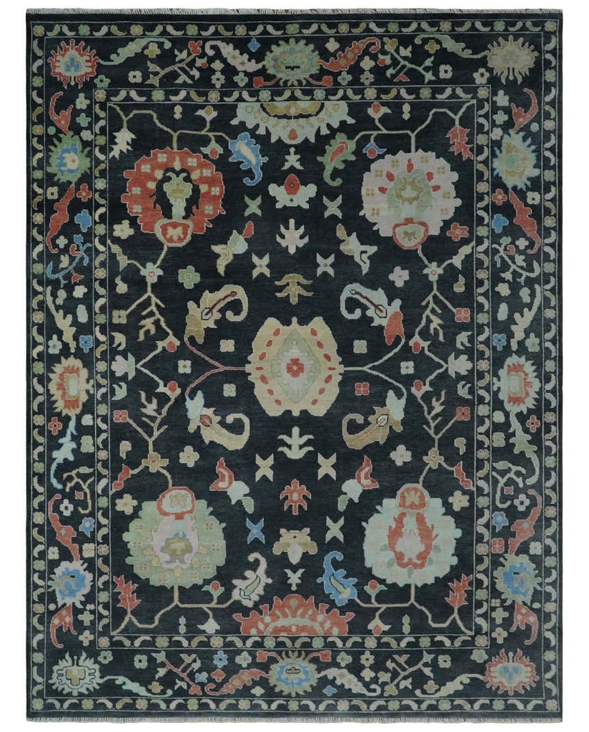 Modern Hand Knotted Black and Multicolor Traditional Oushak Custom Made Wool Area Rug
