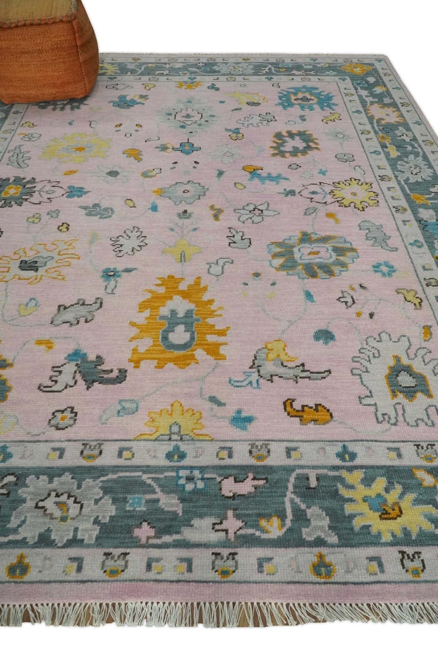 Custom Made Pink and Gray Hand knotted Traditional Oushak wool Area Rug