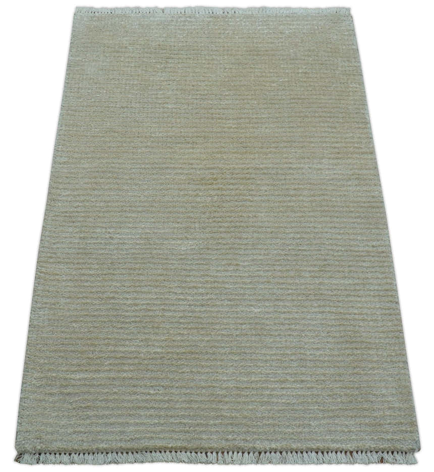 Modern Solid Design Beige Hand Knotted Wool And Silk Rug