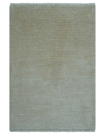 Modern Solid Design Beige Hand Knotted Wool And Silk Rug